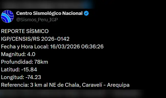 IGP reporta el segundo movimiento sísmico de este lunes 16 de marzo de 2026. IGP reporta el segundo movimiento sísmico de este lunes 16 de marzo de 2026.
