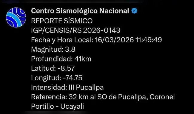 IGP reporta el tercer movimiento sísmico de este lunes 16 de marzo de 2026.   