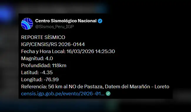 IGP reporta el cuarto movimiento sísmico de este lunes 16 de marzo de 2026.   