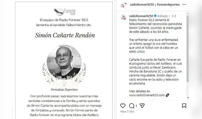 Simón Cañarte, periodista deportivo ecuatoriano, falleció a los 64 años.  