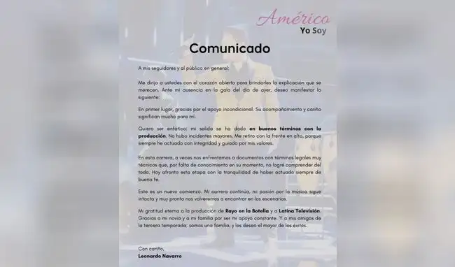 Comunicado de Américo de Yo soy sobre su salida del programa. Foto: Instagram  