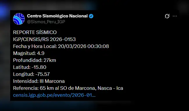 IGP reporta el primer movimiento sísmico de este viernes 20 de marzo de 2026.   