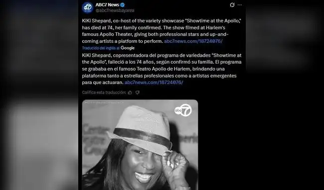 Muere Kiki Shepard actriz y presentadora del emblemático programa musical "Showtime at the Apollo".  