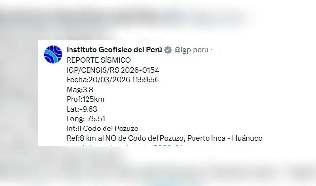 IGP reporta el segundp movimiento sísmico de este viernes 20 de marzo de 2026.   