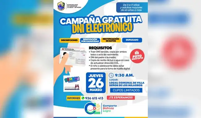 DNI electrónico gratis en la Municipalidad de Carmen de la Legua - Reynoso. 