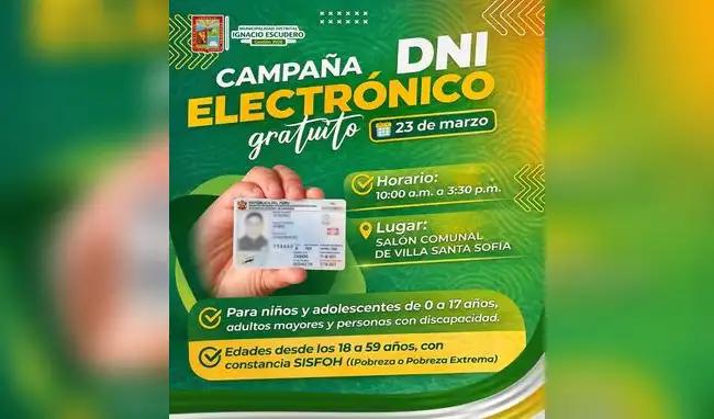 DNI electrónico gratis en la Municipalidad distrital Ignacio Escudero.   