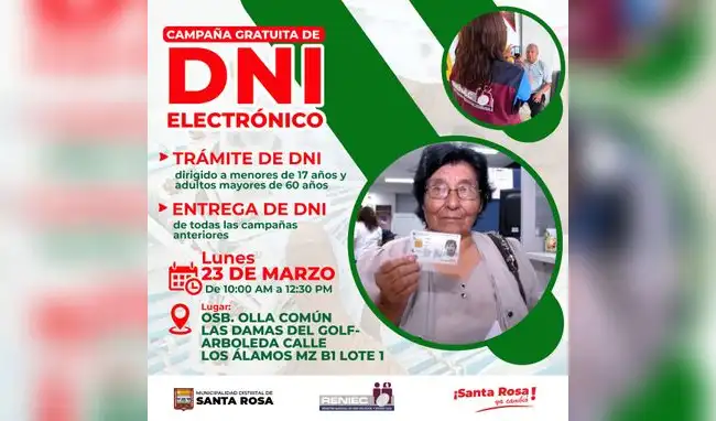 DNI electrónico gratis en la Municipalidad distrital distrital de Santa Rosa.  
