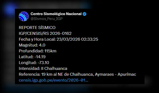 IGP reporta el segundo movimiento sísmico de este lunes 23 de marzo de 2026.   