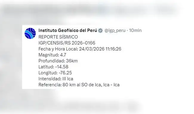 IGP reporta el segundo movimiento sísmico de este 24 de marzo de 2026.   