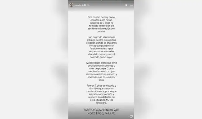 María Fe Saldaña anuncia su separación con Josimar. María Fe Saldaña anuncia su separación con Josimar.