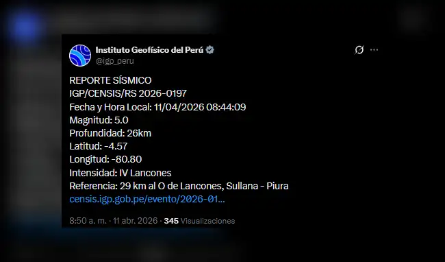 IGP reporta datos del sismo  