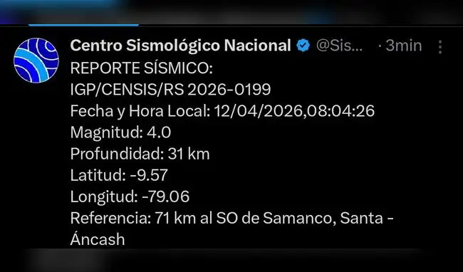 IGP reporta el primer movimiento sísmico de este 12 de abril de 2026. IGP reporta el primer movimiento sísmico de este 12 de abril de 2026.