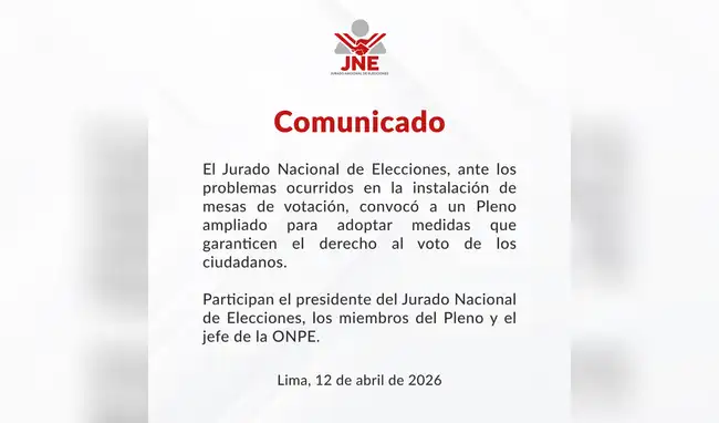 Comunicado del JNE en las Elecciones 2026.  