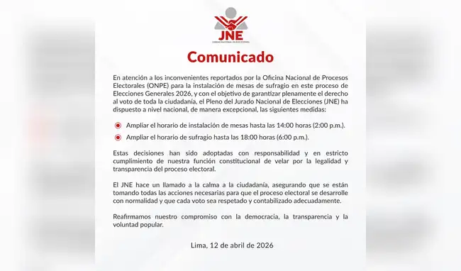 Comunicado del JNE en las Elecciones 2026.  