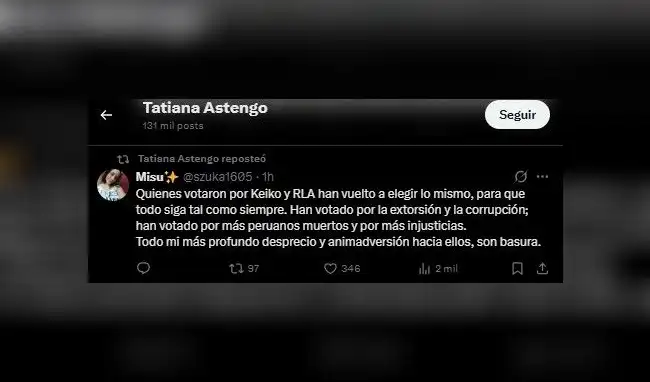 Tatiana Astengo expresó su disconformidad ante los resultados electorales.  