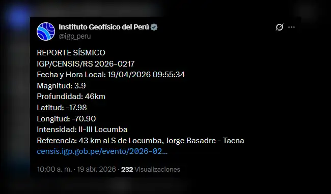 Último sismo registrado en el Perú  