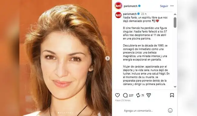 Murió la actriz francesa Nadia Farès a los 57 años tras ser hallada inconsciente en una piscina.  