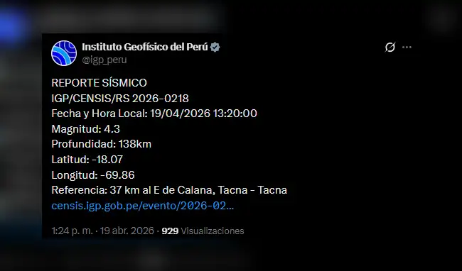 El epicentro se ubicó a 37 kilómetros al este del distrito de Calana, en la región Tacna.  