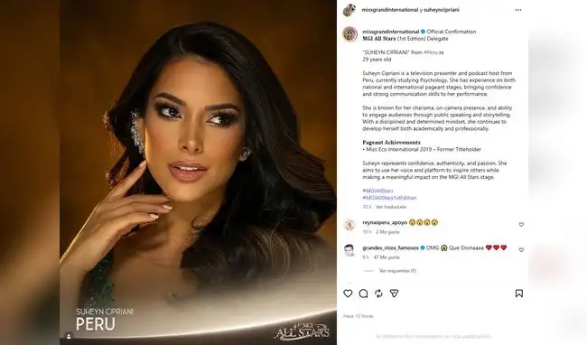 Suheyn Cipriani fue seleccionada para representar a su país en el Miss Grand International All Stars.  