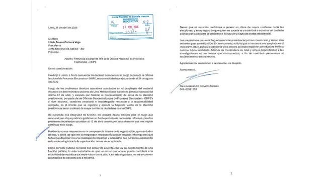 Carta de renuncia de Corvetto  