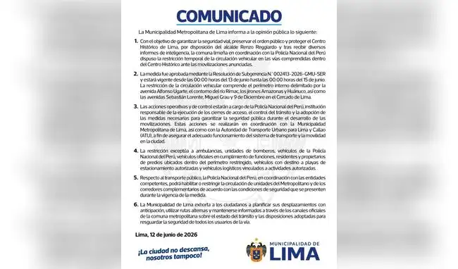 Municipalidad de Lima hace anuncio Municipalidad de Lima hace anuncio