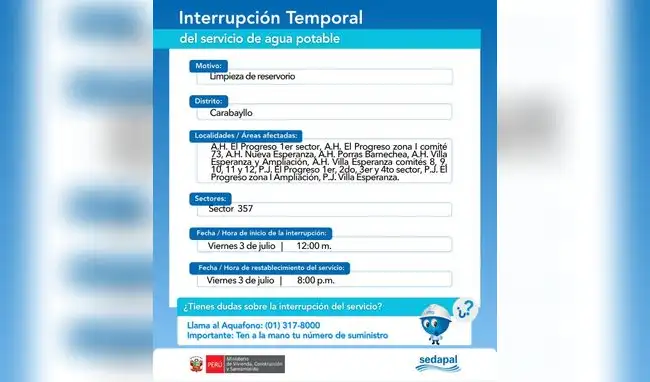 Sedapal anuncia corte de agua Sedapal anuncia corte de agua