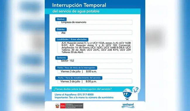 Sedapal anuncia corte de agua Sedapal anuncia corte de agua