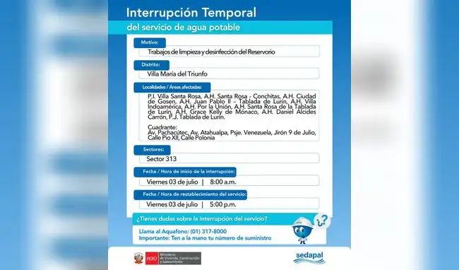 Sedapal anuncia corte de agua Sedapal anuncia corte de agua