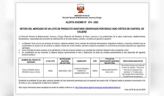 Digemid ordena el retiro de famosa leche limpiadora facial Digemid ordena el retiro de famosa leche limpiadora facial