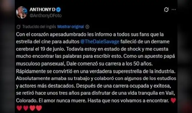 Confirman fallecimiento de actor de cine para adultos  