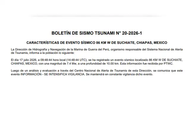 Boletín de sismo Tsunami de la Marina  