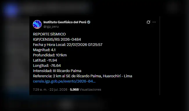 Último sismo en Perú hoy 22 de julio  