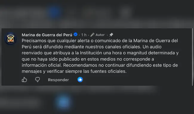 Marina de Guerra del Perú niega audio sobre supuesto terremoto en Perú  