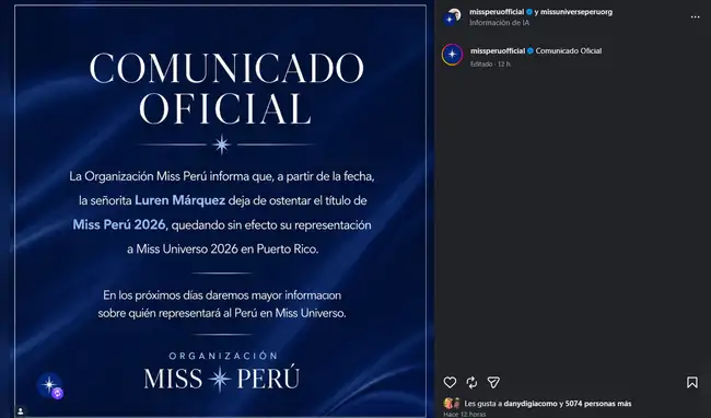 Miss Perú comunica salida de Luren Márquez del reinado Miss Perú comunica salida de Luren Márquez del reinado