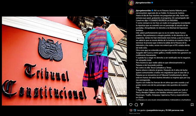 <strong>Jorge Benavides habló sobre la decisión del TC contra la paisana Jacinta</strong>   