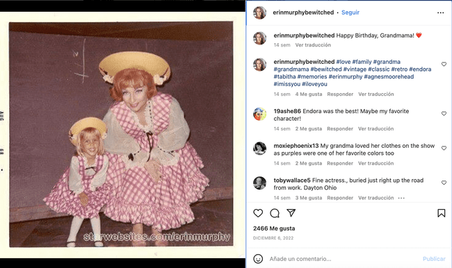 Erin Murphy compartió una fotografía junto a la actriz Agnes Moorehead, quien interpretó a su abuela en 'Hechizada'.   