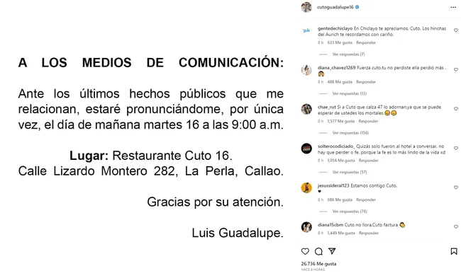  Cuto Guadalupe se pronuncia en las redes sociales sobre el ampay.    