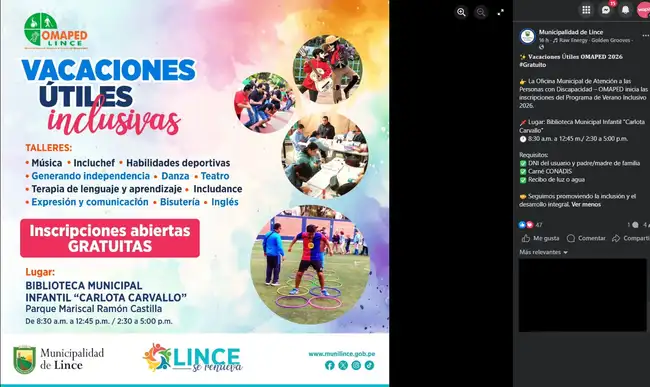 Toma en cuenta los requisitos para las inscripciones gratuitas. Fuente: Captura de Facebook de la municipalidad.    