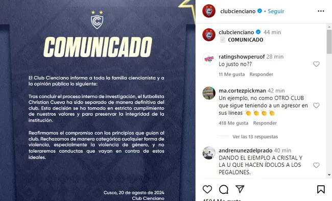 Cienciano tras anunciar su contrato, comunicó no seguir contando con Christian Cueva. Fuente: Instagram de Cienciano.   