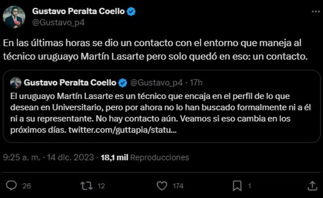 Entorno de Martín Lasarte fue contactado por la dirigencia de Universitario.   