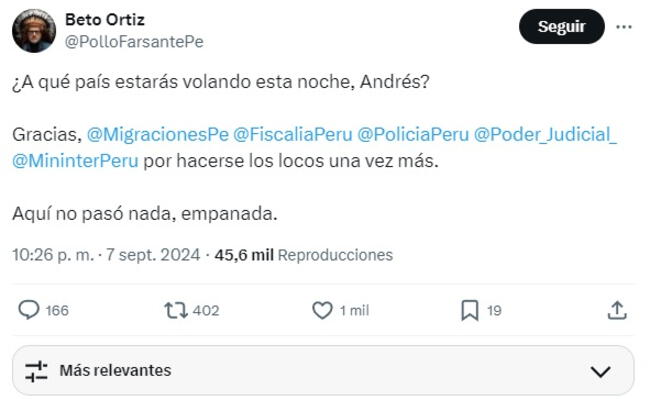 Beto Ortiz alerta posible fuga de Andrés Hurtado tras denuncia por tráfico de influencias.   