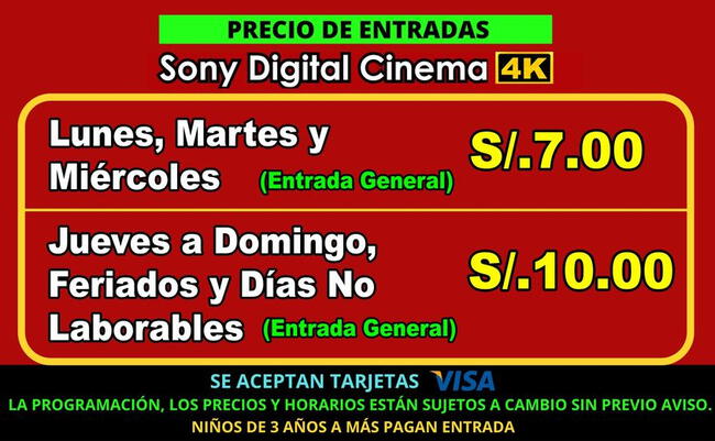 Precios anunciados por el local de Cinerama ubicado en Cusco.   