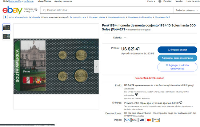 Sol de Oro: moneda del año 1984 ofertada en Ebay.   