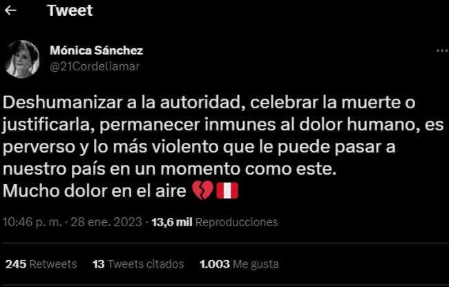 Sentido mensaje de Mónica Sánchez tras informarse el fallecimiento de Víctor Santisteban Yacsavilca.   