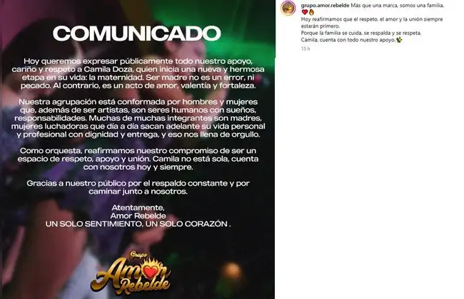 Grupo 'Amor Rebelde' emitió comunicado tras confirmarse embarazo de cantante. Foto: Instagram Grupo 'Amor Rebelde' emitió comunicado tras confirmarse embarazo de cantante. Foto: Instagram