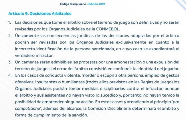 Código Disciplinario 2023 de la Conmebol.   