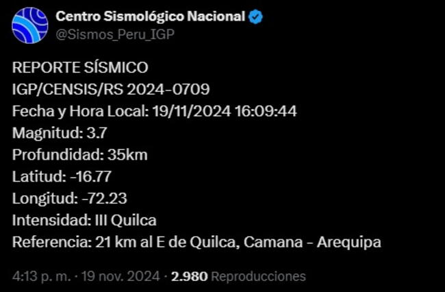 Reporte sísmico del IGP tras nuevo sismo en Arequipa.   