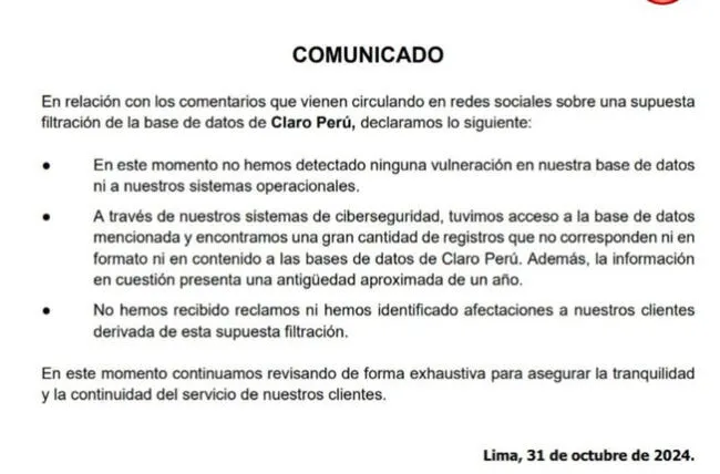 Comunicado de Claro Perú   