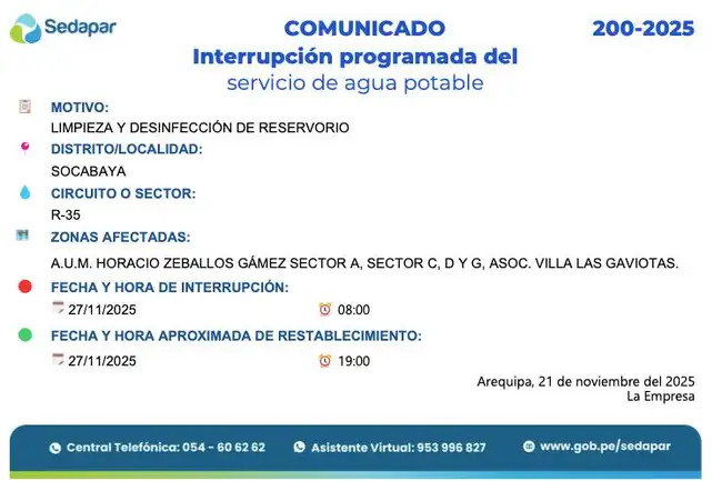 Corte de agua en Socabaya. Corte de agua en Socabaya.