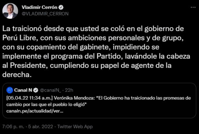 Vladimir Cerrón critica a Verónika Mendoza.   